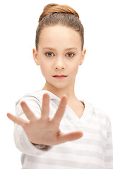 Image showing teenage girl making stop gesture