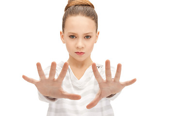 Image showing teenage girl making stop gesture