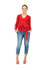 Image showing lovely woman in red blouse and jeans