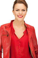 Image showing lovely woman in red leather jacket