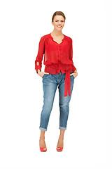 Image showing lovely woman in red blouse and jeans