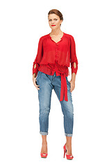 Image showing lovely woman in red blouse and jeans