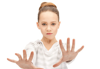 Image showing teenage girl making stop gesture