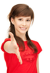 Image showing teenage girl with an open hand ready for handshake