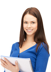 Image showing happy woman with big notepad