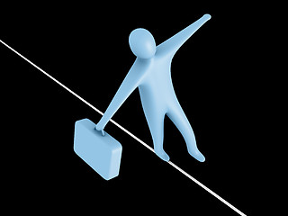 Image showing 3d person walking on a rope holding a briefcase.