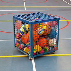 Image showing Collection of different balls in a metal cage