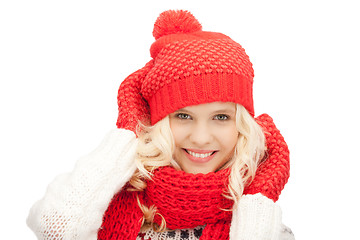 Image showing beautiful woman in hat, muffler and mittens