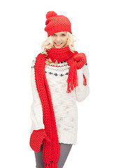 Image showing beautiful woman in hat, muffler and mittens