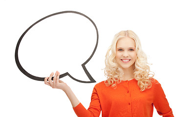 Image showing smiling businesswoman with blank text bubble