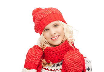 Image showing beautiful woman in hat, muffler and mittens