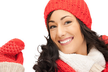 Image showing beautiful woman in hat, muffler and mittens