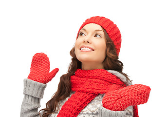 Image showing beautiful woman in hat, muffler and mittens