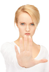 Image showing woman making stop gesture