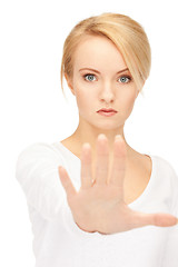 Image showing woman making stop gesture