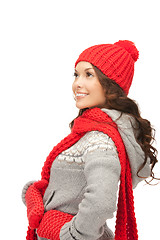 Image showing beautiful woman in hat, muffler and mittens