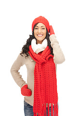 Image showing beautiful woman in hat, muffler and mittens