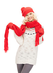 Image showing beautiful woman in hat, muffler and mittens