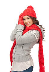 Image showing beautiful woman in hat, muffler and mittens