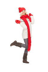 Image showing beautiful woman in hat, muffler and mittens