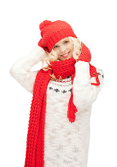 Image showing beautiful woman in hat, muffler and mittens