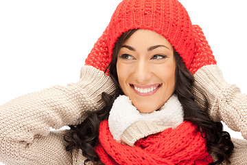 Image showing beautiful woman in hat, muffler and mittens