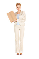 Image showing attractive businesswoman with cardboard box