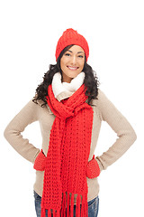 Image showing beautiful woman in hat, muffler and mittens