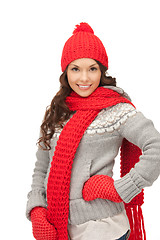 Image showing beautiful woman in hat, muffler and mittens