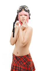 Image showing topless pink hair girl in aviator helmet