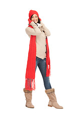 Image showing beautiful woman in hat, muffler and mittens