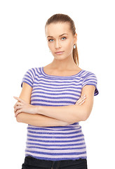 Image showing lovely woman in striped sweater