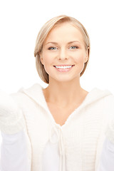 Image showing beautiful woman in white sweater