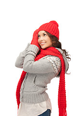 Image showing beautiful woman in hat, muffler and mittens