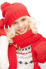 Image showing beautiful woman in hat, muffler and mittens