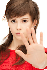 Image showing teenage girl making stop gesture