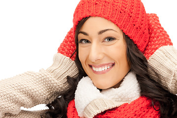 Image showing beautiful woman in hat, muffler and mittens