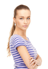 Image showing lovely woman in striped sweater