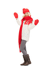 Image showing beautiful woman in hat, muffler and mittens