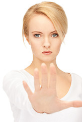 Image showing woman making stop gesture