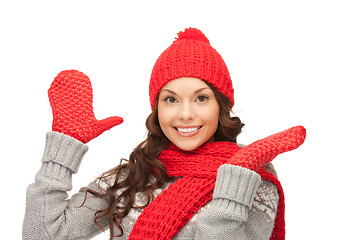 Image showing beautiful woman in hat, muffler and mittens