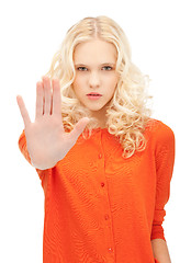 Image showing woman making stop gesture