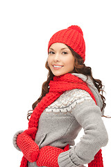 Image showing beautiful woman in hat, muffler and mittens