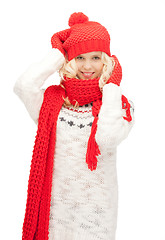 Image showing beautiful woman in hat, muffler and mittens