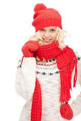 Image showing beautiful woman in hat, muffler and mittens