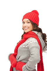 Image showing beautiful woman in hat, muffler and mittens