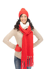 Image showing beautiful woman in hat, muffler and mittens