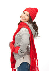 Image showing beautiful woman in hat, muffler and mittens