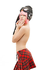 Image showing topless pink hair girl in aviator helmet