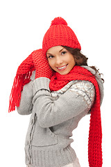 Image showing beautiful woman in hat, muffler and mittens